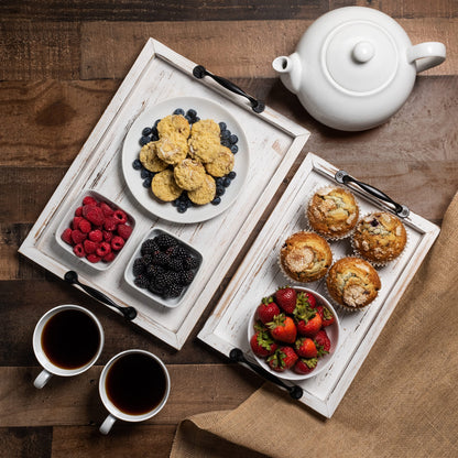Gennua Kitchen Rustic Serving Tray Set with Handles, 2 Nesting Wooden Trays for Coffee Table, Ottoman, Serving Food, Farmhouse Decor, Distressed White Finish