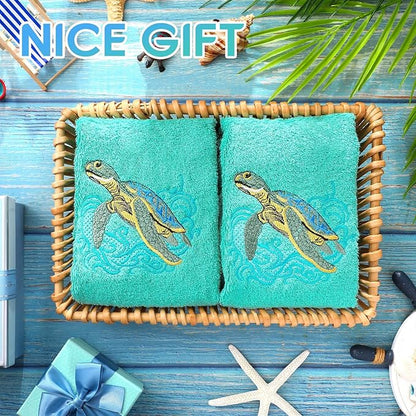 2 Pcs Sea Turtle Hand Towels Teal Bathroom Decor 14x29 Inch Embroidered 100%