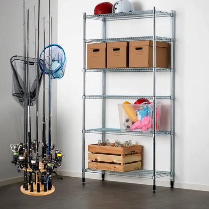 PLUSINNO 2PACK V12 Fishing Rod Holders for Garage, Vertical Fishing Pole Holders Wooden Round Floor Stand, Fishing Rod Rack Holds up to 24 Rods or Fishing Nets Storage Organizer Racks