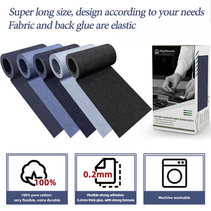 KING MOUNTAIN Iron-on Repair Patch,3"x60"100% Cotton Denim Iron-on Repair Patch, Jeans and Clothing Repair and Decoration Kit (Blue)