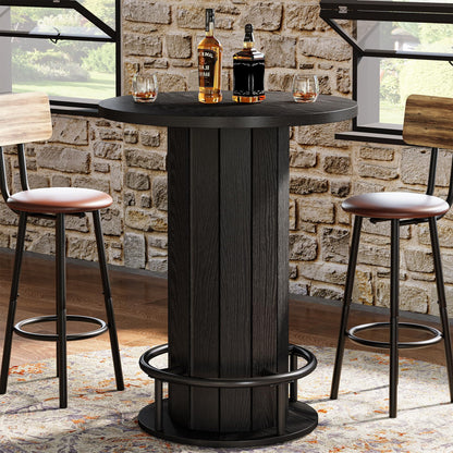 Tribesigns Round Bar Table, 39.4" H Wood Bistro Pub Table with Metal Ring Footrest for Dining Coffee Cocktail Living Room, Small Space, Black (Only Table)