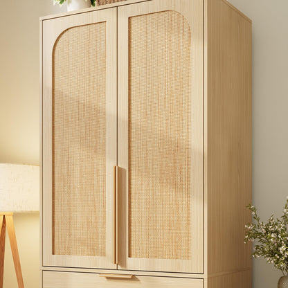 GarveeHome Armoire Wardrobe Closet, 69.5 in Wooden Wardrobe Cabinet with 3 Drawers, Hanging Rod, 2 Doors Clothing Storage Cabinet for Bedroom, Large Capacity Storage, Rattan Door, Natural