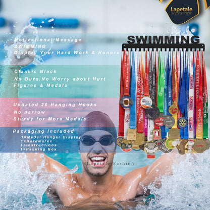 Lapetale Fashion Swimming Medal Hanger Display Medal Holder Hanger Display Rack Frame with 20PCS Hanging Hooks Upgraded Extension Hooks Easy Install Easy to Use Swimming Medal Display Rack