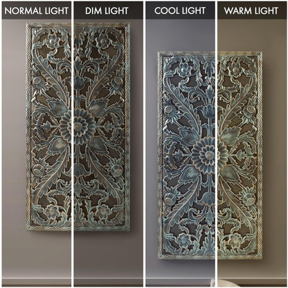 Madison Park Carved Wood Wall Art 2 Piece, Floral Wooden Carving Wall Decor, Blue Wall Art Living Room Bedroom, Copper Embellished Boho, Ready to Hang, 15.75"W x 31.5"L, Patina Blue
