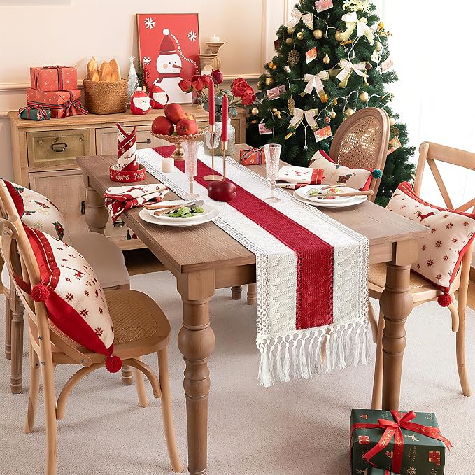 FEXIA 4th of July Table Runner for Home Decor with Tassels 72 Inches Long Farmhouse Red Rustic Boho Table Runner Macrame Burlap Table Decoration for Living Room Bridal Shower(12x72 Inches)