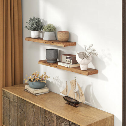 Live Edge Elm Wood Floating Shelves, 36 Inch Long Wall Shelves 2 Pack Shelf for Farmhouse Bedroom Bathroom Kitchen, Wall Mounted Wooden Shelf with Invisible Bracket for Books Decor, Natural