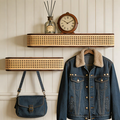 Shamgzuu Coat Rack wall Mount,Rattan Design with Shelf Hidden Hooks, Rustic Perchero De Pared, Entryway Hooks, Key Towel Dog Leashe Jacket Hanger Wall Mount, Walnut (9 Hook 32.28"*3.15"*3.94")