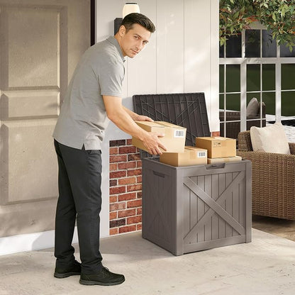 PatioZen 32 Gallon Package Delivery Box, Waterproof Outdoor Package Delivery Box with Lid, UV-Resistant Resin Storage Bench for Patio Furniture, Garden Tools, Cushions, Pool Accessories(Grey)