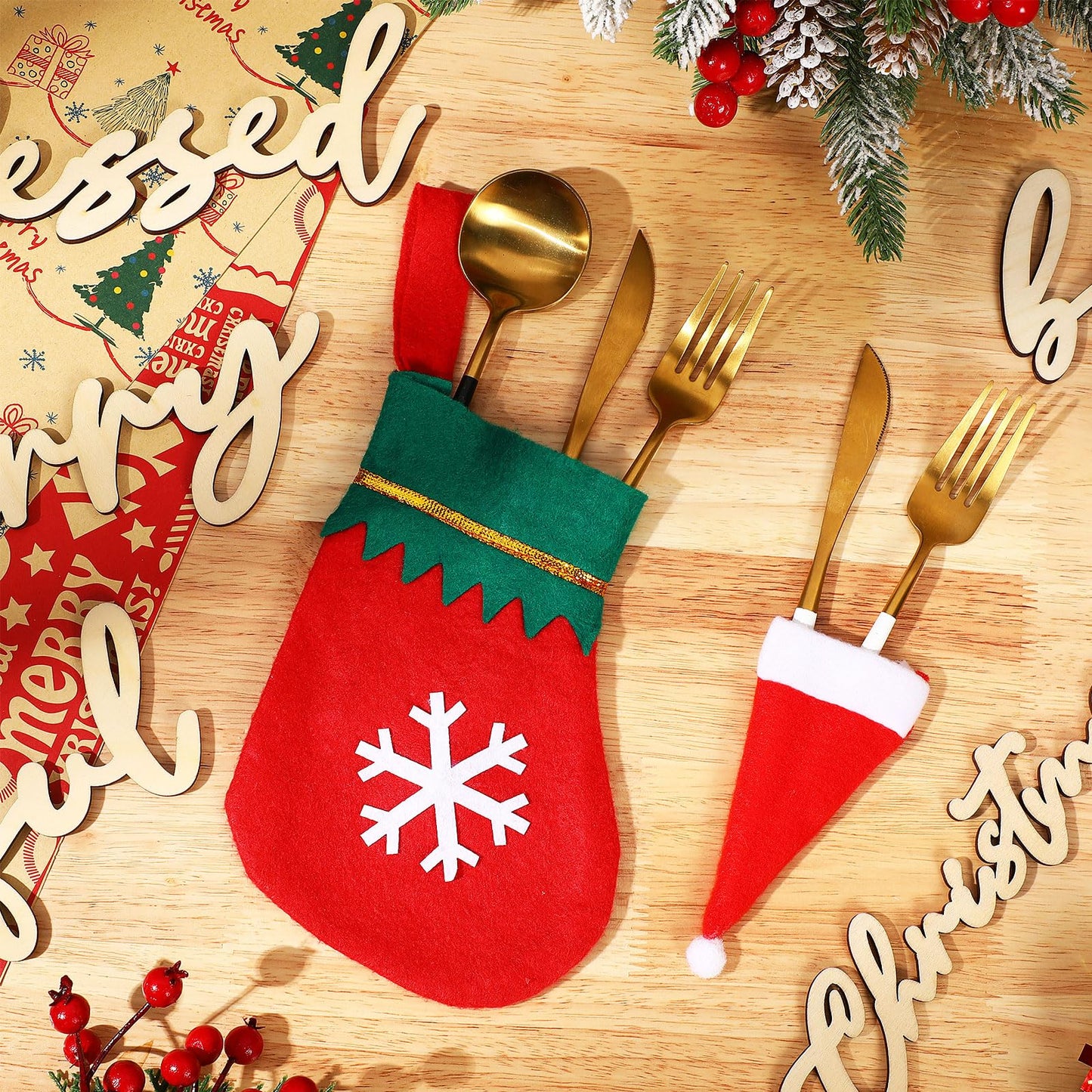 Geetery 24 Set Christmas Cutlery Tableware Holders Christmas Santa Hats Silverware Holders Christmas Socks Silverware Holders and Wooden Cutout Letter Signs for Party Dinner Table Decorations