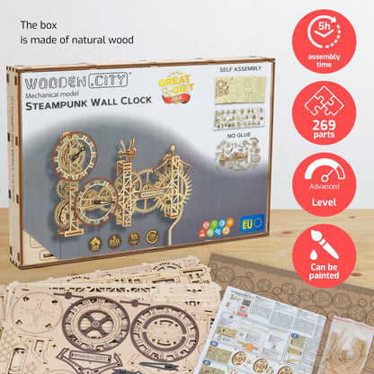 WOODEN.CITY Steampunk Wall Clock – 3D Wooden Clock Puzzle for Adults & Teens, Mechanical Pendulum Clock Building Kit with 257 Pieces