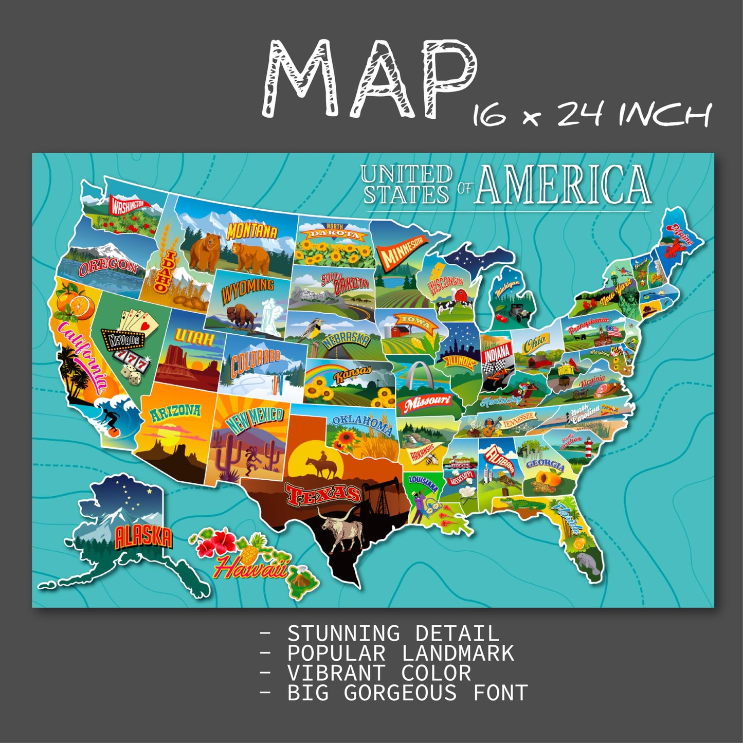 USA Educational Poster Set for Kids – 3-Pack Includes United States Map, Presidents of the USA, and National Parks with State Animals – 16x24 Classroom Wall Posters for Homeschool & Geography Learning