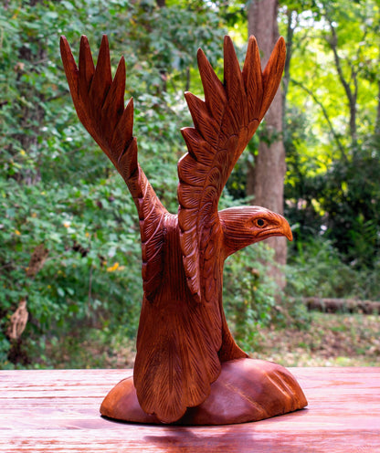 G6 Collection Hand Carved Wooden Eagle Statue, Open Wing Eagle Figurine Sculpture on Base, Rustic Wildlife Home Décor, Soaring Eagle (12" Tall)