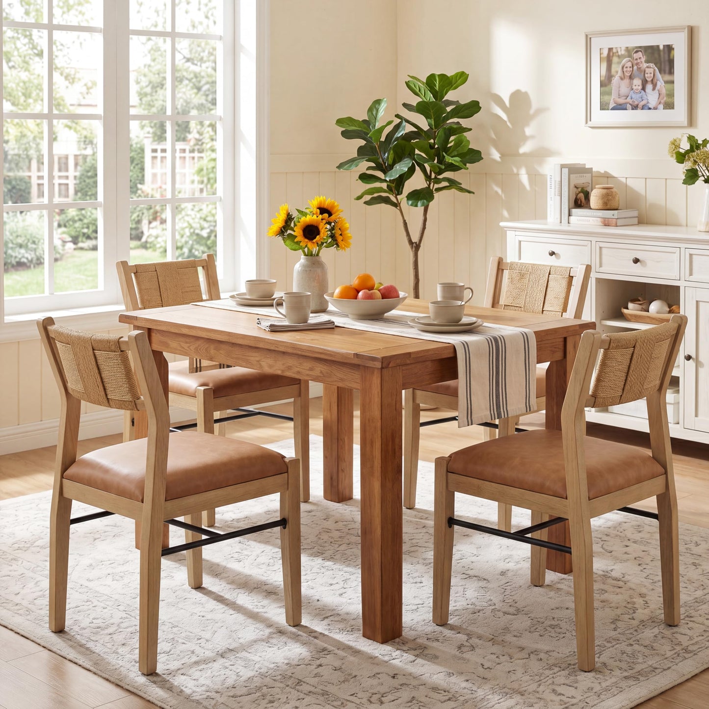 CIMOTA Wooden Dining Chairs Set of 2, Rope Woven Back,Upholstered Dining Room Chairs with Brown Faux Leather 2.25" Padded Seat, Mid-Century Modern Farmhouse Armless Kitchen Side Chairs for Dining Room