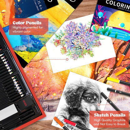 Caliart Art Supplies, 153-Pack Deluxe Art Set in Wooden Case, Crafts Drawing Painting Kits with 2 A4 Sketch Pads, Coloring Book, Birthday Gifts for Teens Girls Boys Kids Adults Artists