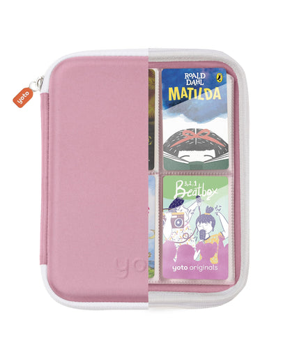 YOTO Card Case in Think Pink – Kids Accessory, Soft Portable Folder with Zipper & 64 Pockets for Player & Mini Audiobook Cards, Binder Sleeve Holder for Travel
