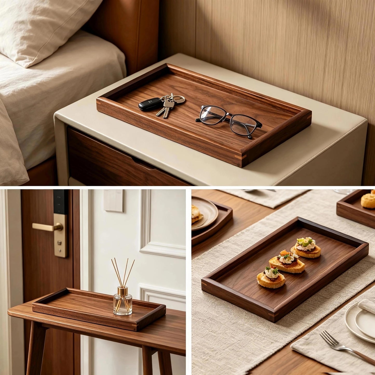 Solid Black Walnut Wood Serving Tray with Raised Edges, 11.8 x 7.8 Inch Rectangular Wooden Decorative Platter for Coffee Table, Kitchen, Bathroom Vanity, Breakfast & Home Decor