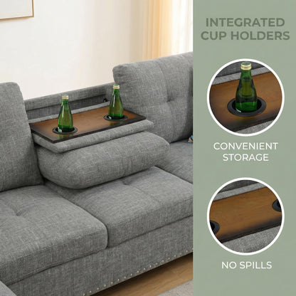 Trygoal 97" Linen 4-Seat L-Shaped Sectional Sofa with Movable Chaise & Storage Ottoman - 3-Piece Modular Convertible Couch for Living Room, Bedroom, Apartment & Office, Grey