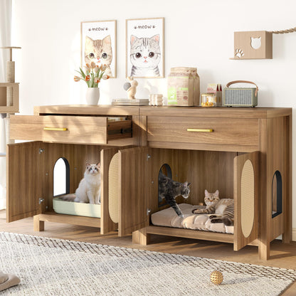 Merax 2 Pieces Cat Litter Box Enclosure with Storage Drawer, Hidden Cat Litter Box Furniture with Scratching Board Doors, Wooden Washroom Cat House Table Nightstand Box Cabinet, Espresso