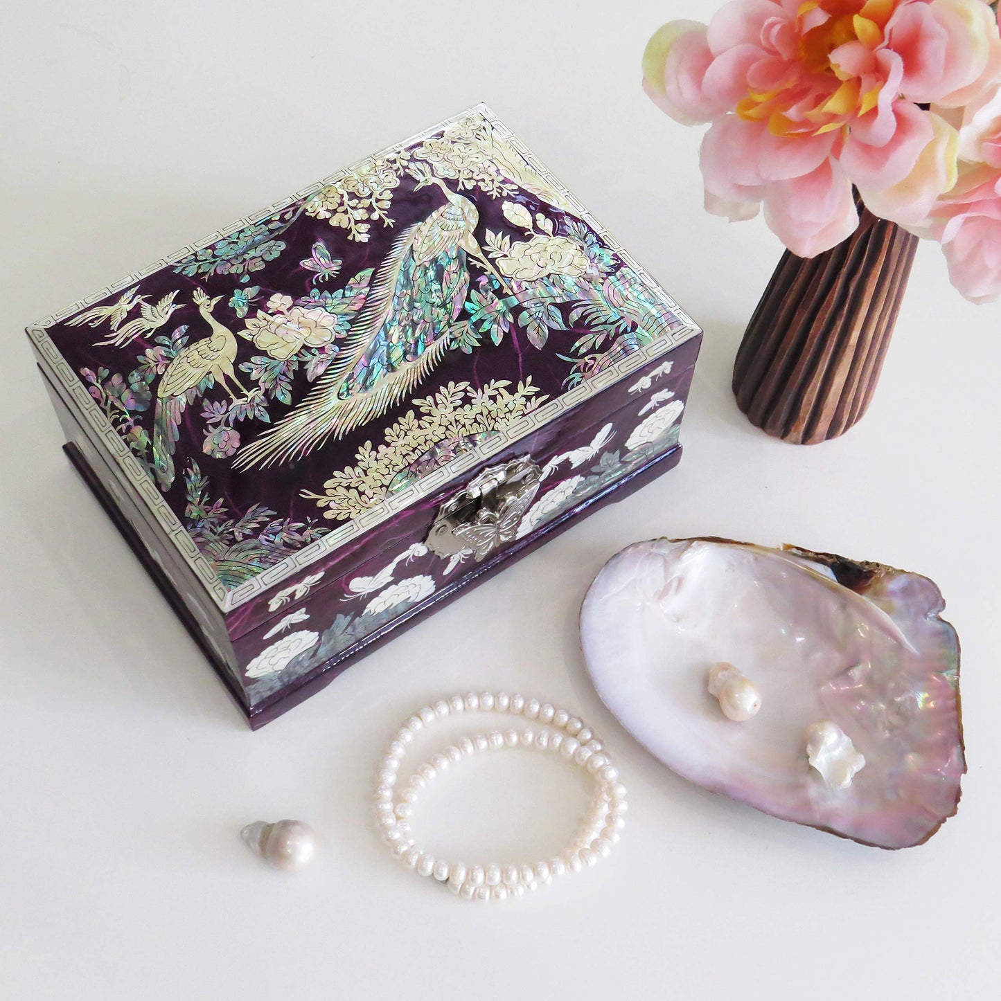 MADDesign Mother of Pearl Jewelry Box Multilevel Peacock Design