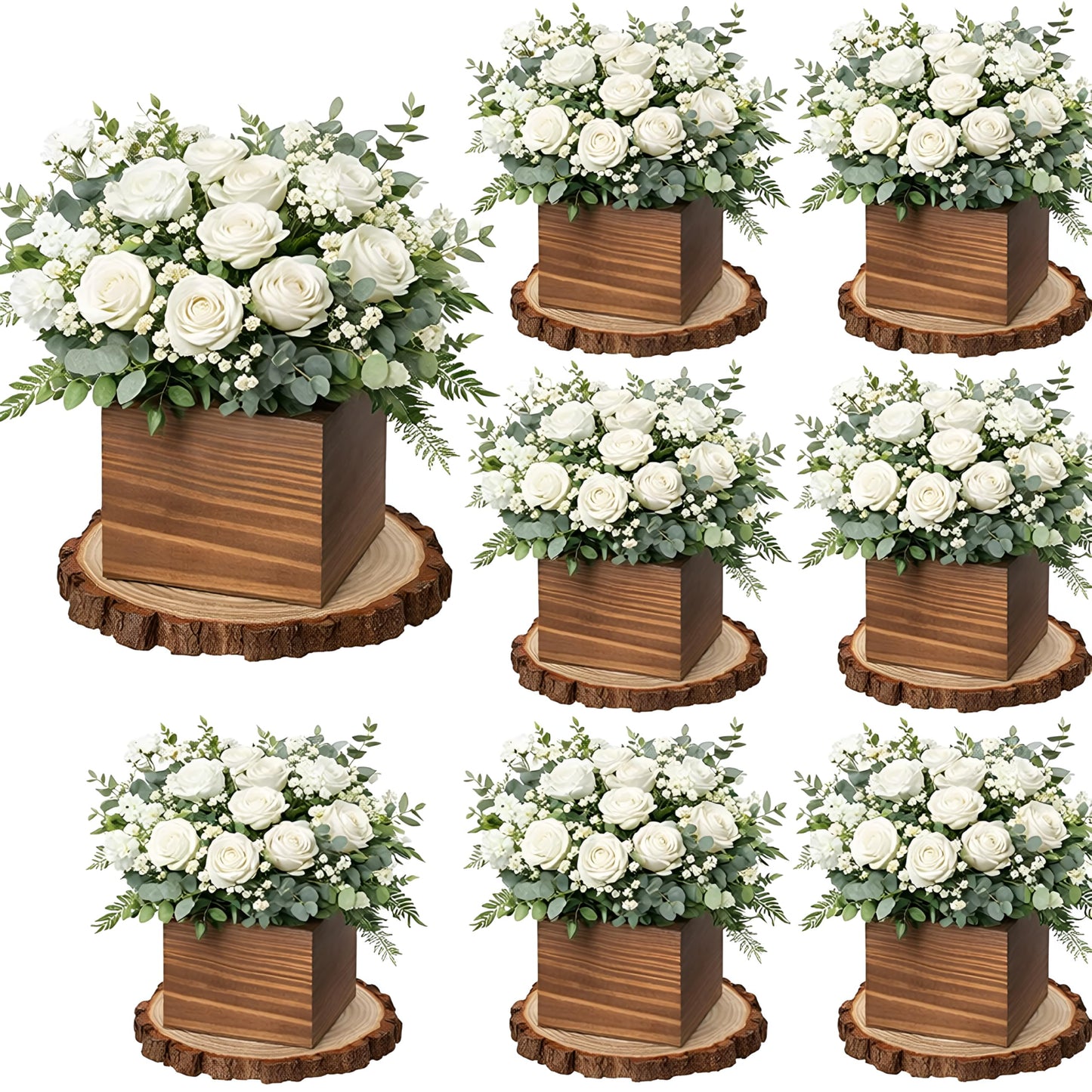 Leinuosen 16 Pcs Wedding Centerpieces Decor Set 8 x 4-inch Rustic Wood Cube Planter Box with 8 x Natural Wood Slices Tabletop Floral Arrangements for Baby Shower Home Garden Decorations(Brown)