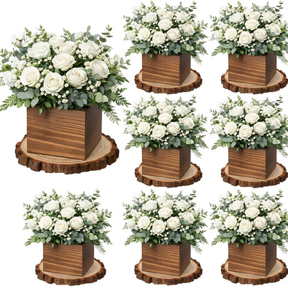 Leinuosen 16 Pcs Wedding Centerpieces Decor Set 8 x 4-inch Rustic Wood Cube Planter Box with 8 x Natural Wood Slices Tabletop Floral Arrangements for Baby Shower Home Garden Decorations(Brown)