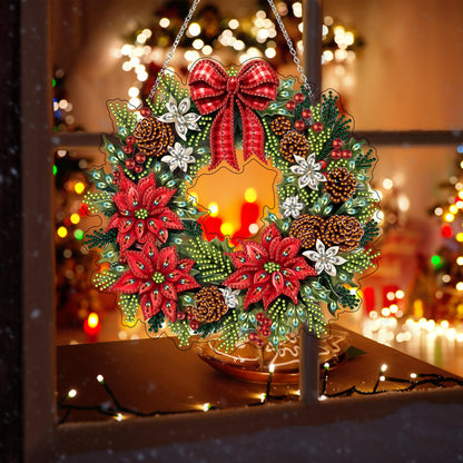 Diamond Art Hanging Kit for Adult,Special Shaped Rhinestone,DIY Acrylic Diamond Art Painting Window Pendants Home Garden Wall Hanging Kits Hanging Ornament,Double Sided. (Christmas Wreath)