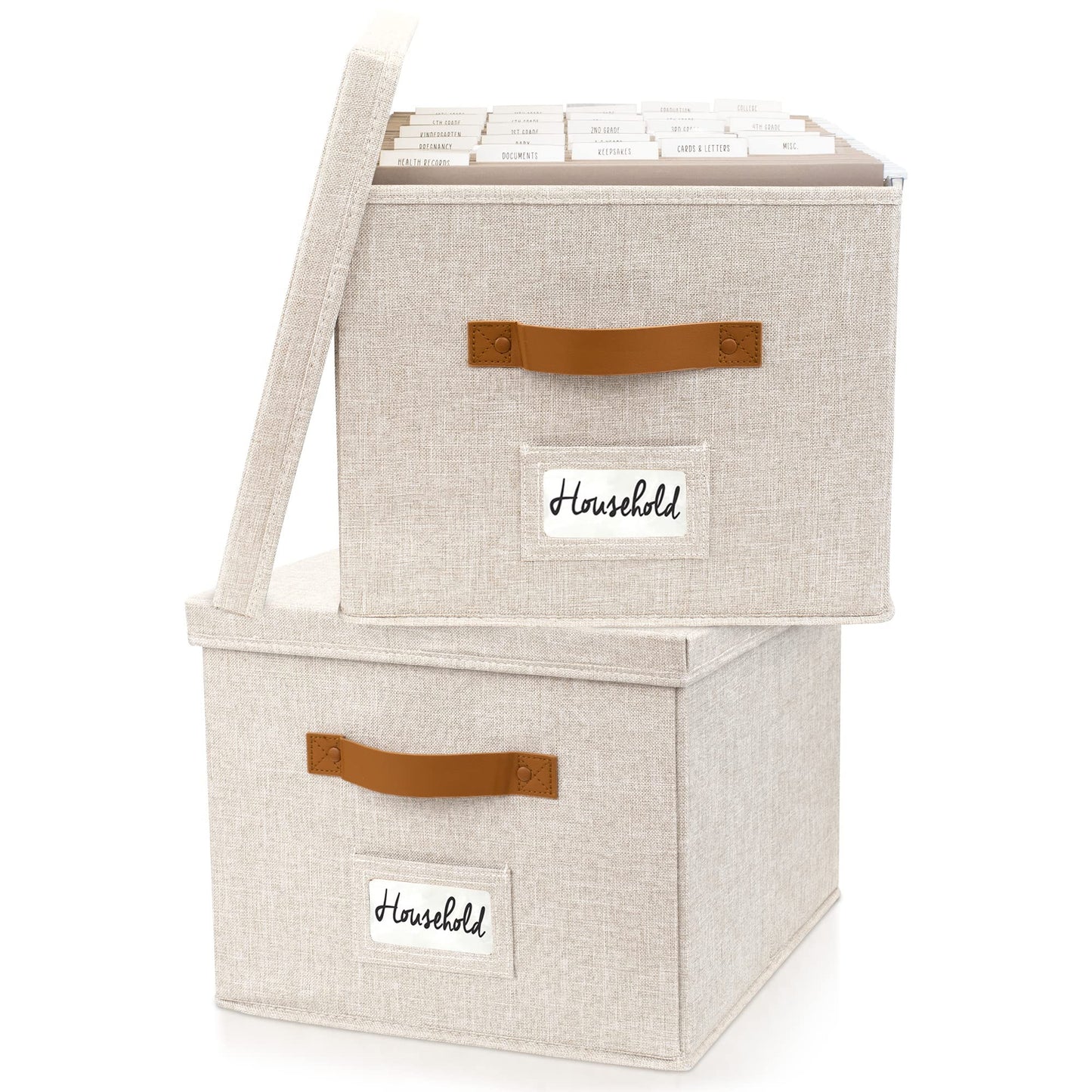 ZICOTO Decorative File Organizer Box Set of 2 - Collapsible Linen Filing Cabinets w/Handles Are Perfect to Store all Your Documents & Hanging File Folders - Portable Easy Slide Crates with Lid
