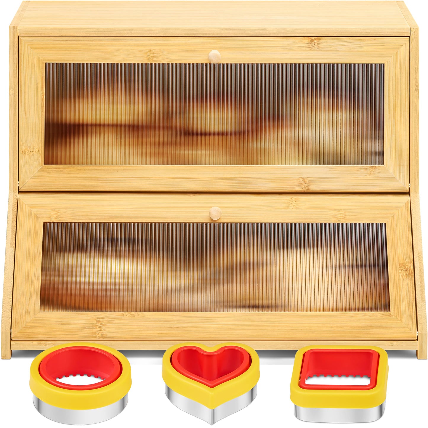 Boulora Large Bread Box for Kitchen Countertop - Bamboo Wooden Bread Box, Vintage Breadbox Countertop Cabinet, Double-Layer XL Sourdough Holder, Ventilated Clear Windows, Cutters & Sealers