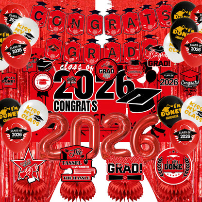 Graduation Party Decorations 2026–Black Red Grad Banner, Class of Backdrop, Balloons, Fringe Curtains and Foil Balloon, Streamers Kit–Complete Graduation for High School & College Celebrations (Red)