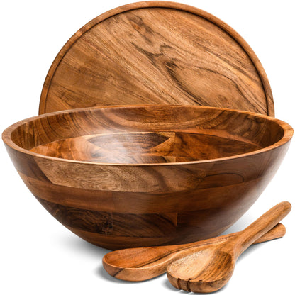 Public House Large Wooden Salad Bowl Set 12.5 Inch with Serving Utensils, Tray Lid and Carry Strap. Acacia Wood Large Salad Bowls Ideal for Fruits and Dishes, Wooden Bowls for Food, Serving Bowl