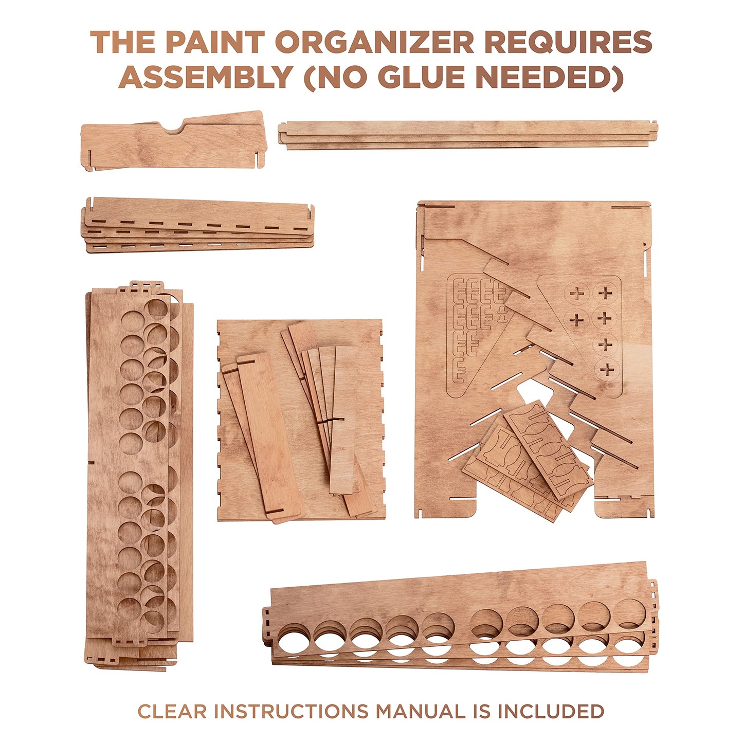 Plydolex Wooden Paint Organizer - 74 Holes Suitable for Vallejo, Citadel, Tamiya Paint Bottles - 14 Brushes Holes, 6 Minis Stands and 2 Drawers - Works for Warhammer, DnD and Other Miniatures