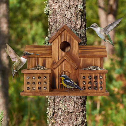 MIXUMON Bird Houses for Outside with Bird Feeder, Outdoor 3 Hole Bird House Room for 3 Bird Families Bluebird Finch Cardinals Hanging Birdhouse for Garden