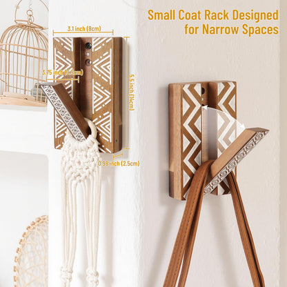 KYIAANY Boho Foldable Wall Hooks: Decorative Wooden Coat Hooks 2Pack Mounted for Heavy Duty Hanging Towels Backpack Bags Hats, Space Saving Home Decor for Aesthetic Homeowners