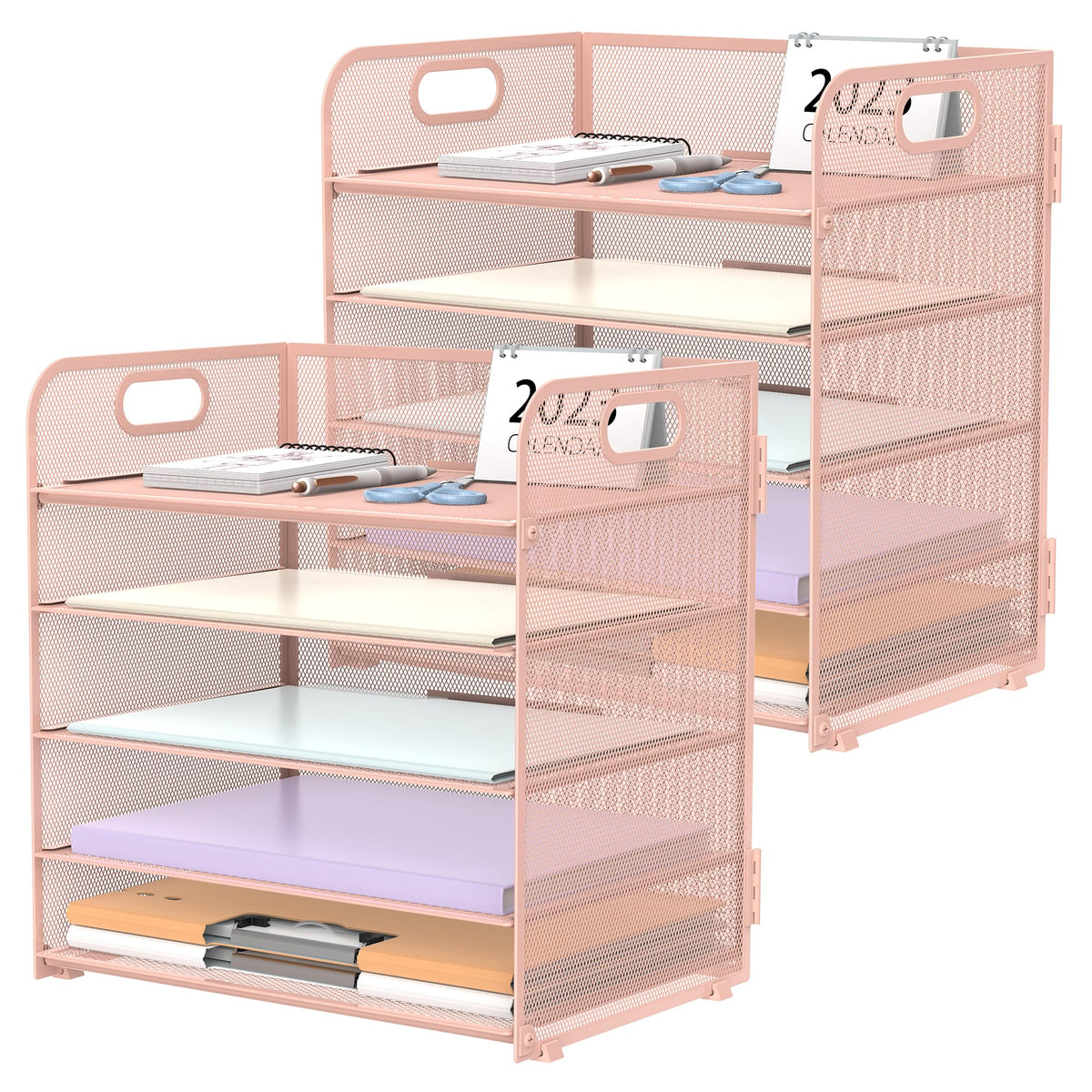 2 Pack 5-Tier Pink Desk Organizer with Handle Mesh Desk File/Paper Organizer Letter Tray for Office, School, Classroom and Home Easy Installation