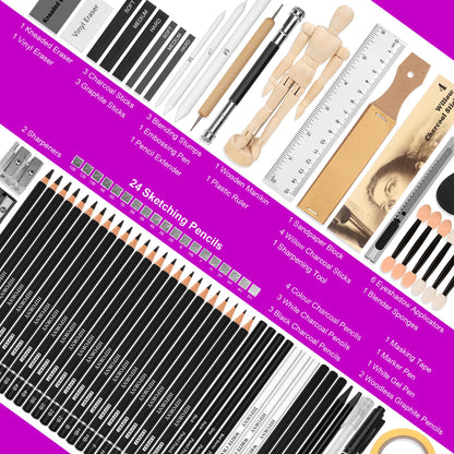 HIFORNY 70 PCS Drawing Set Sketching Kit,Sketch Pencils Art Supplies with Graphite,Charcoal,Blending Tools & Accessories,Portable Zippered Travel Case for Artists & Beginners