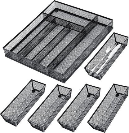 Neudeco Drawer Organizer Set, Black Mesh, 6 Pack | 5-Compartment Silverware Organizer Tray, 5 Utensil Trays, For Flatware, Cutlery, Office Supplies, Non-Slip