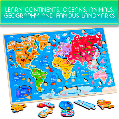 Montessori Mama Wooden Puzzles for Kids Ages 4-6, USA States and Capitols, World Continents and Oceans, Combo Set 2 Toddler Puzzles