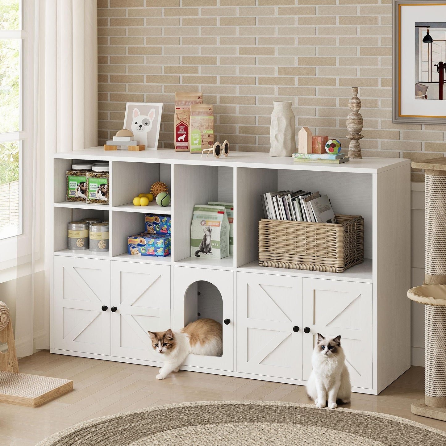 IRONCK Cat Litter Box Enclosure for 2 Cats, Litter Box Furniture Hidden with Double Room and Large Storage Space, Wooden Washroom Furniture, Cat House, White