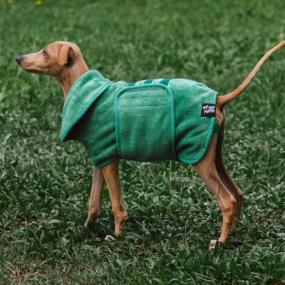 Tuff Pupper Fast Drying Dog Bath Robe | 800 GSM Plush Dog Towel Bathrobe/Dressing Gown | Super Absorbent Pet/Puppy Bathrobe | Adjustable Hood & Belly Strap | Super Soft | Fast Drying (XS, Green)
