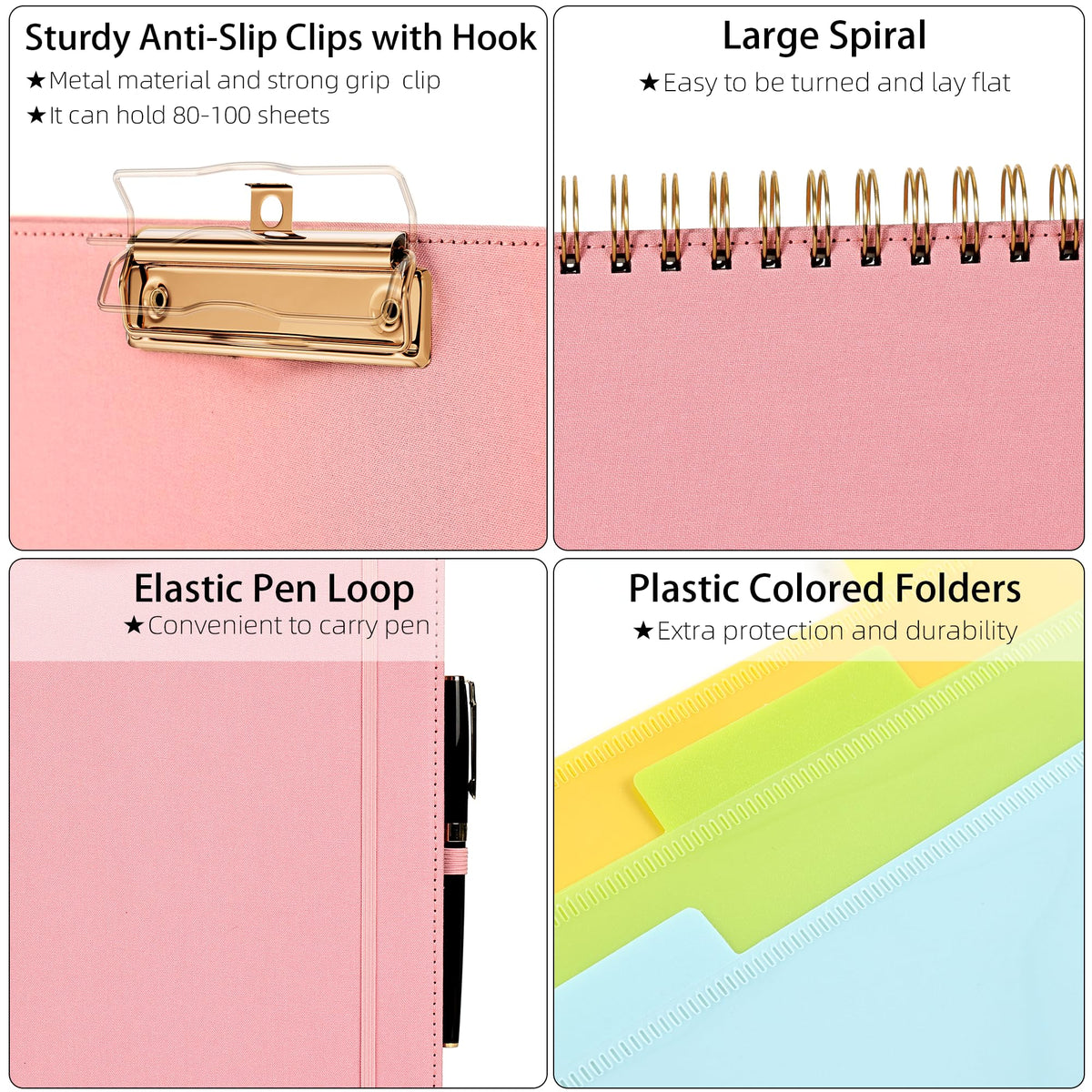 Ospelelf Pink Foldable Spiral Clipboard Folio with Storage Zipper Pouch, 5 Plastic Folders with 10 Pockets,Refillable Lined Notepad (11" x 8.5"), Hardcover Project Organizer with 39 Stickers