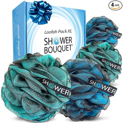 SHOWER BOUQUET Loofah-Charcoal Bath-Sponge XL-4-Pack-Blue-Green // Extra Large 75g Soft Mesh Color & Black Lufa Loofa Loufa Puff Set/Exfoliating Body Scrubber for Women and Men - Exfoliate & Soothe