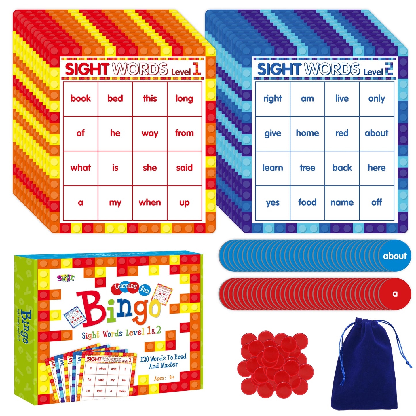 SpriteGru Sight Word Bingo Game, 120 Sight Words Learn to Read Level 1 & Level 2 Bingo Board Game Dolch's & Fry's Words Lists for Kindergarten and Preschool Kids 4-8, Perfect for Classroom & at Home