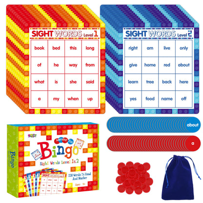 SpriteGru Sight Word Bingo Game, 120 Sight Words Learn to Read Level 1 & Level 2 Bingo Board Game Dolch's & Fry's Words Lists for Kindergarten and Preschool Kids 4-8, Perfect for Classroom & at Home