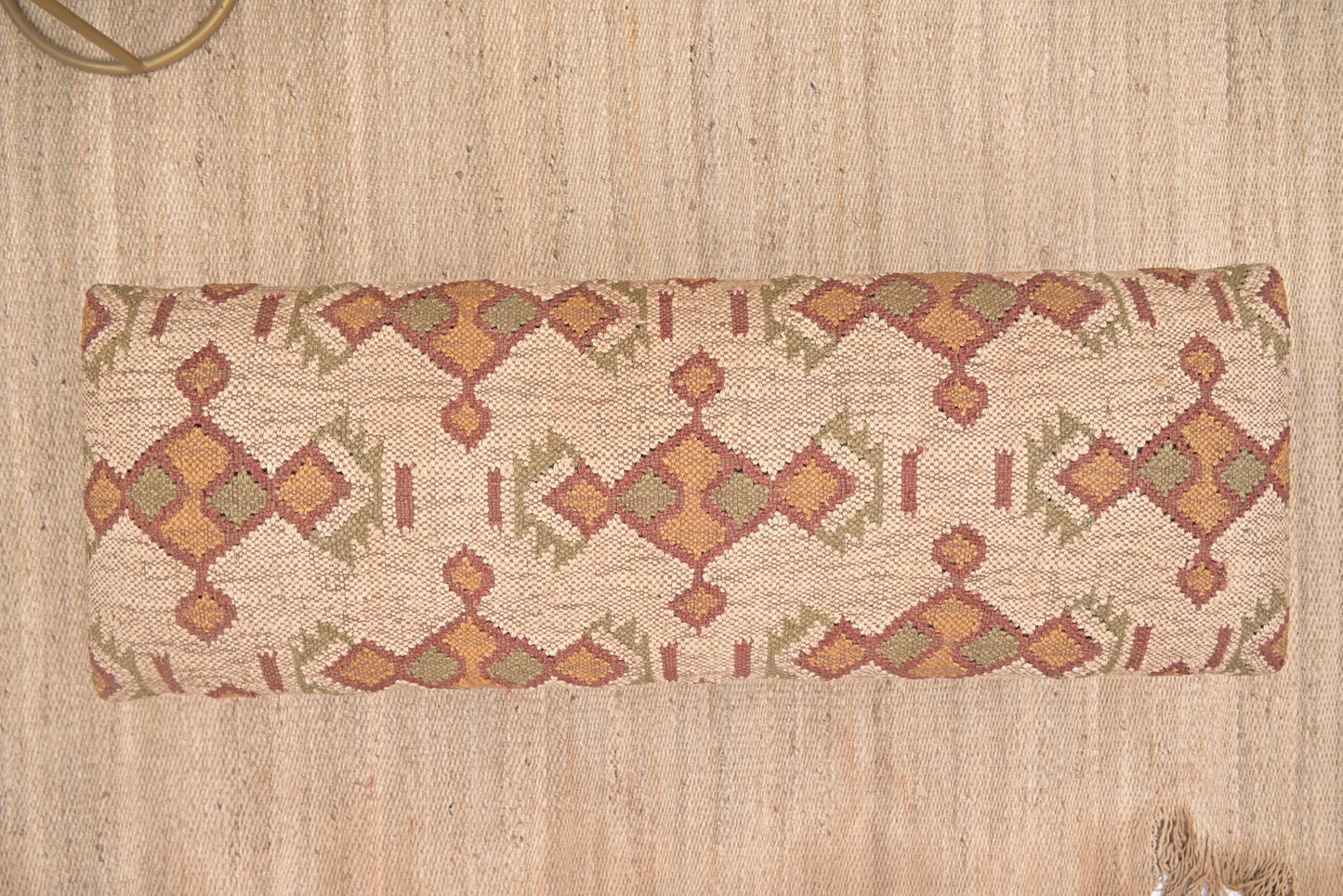 NATURAL FURNISH Acacia Wood Kilim Jute Fabric Upholstered Bench with Geometric Pattern | Wooden Ottoman with Turned KD Legs for Living Room, Bedroom, End of Bed, Hallway & Entryway (Beige and Rust)
