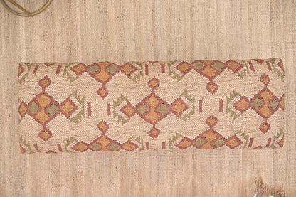 NATURAL FURNISH Acacia Wood Kilim Jute Fabric Upholstered Bench with Geometric Pattern | Wooden Ottoman with Turned KD Legs for Living Room, Bedroom, End of Bed, Hallway & Entryway (Beige and Rust)