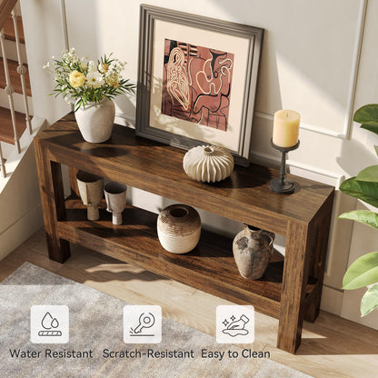 LITTLE TREE 63-Inch Wood Entryway Table, Long Farmhouse Narrow Console Table for Living Room, Hallway, Sofa, Entry, Entrance, Foyer, Behind Couch with 2-Tier Shelves, Brown