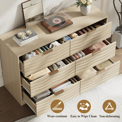 MALOL Coastline Fluted 6 Drawers Dresser for Bedroom, 48" Wide Modern Chest of TV Stand Organizers with Metal Handle, Storage Wooden Dresser Drawer for Living Room, Hallway, Closet, Natural Wood