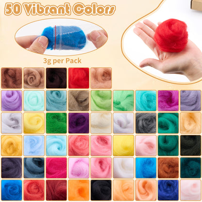 DF DUALFERV Needle Felting Kit with 50 Colors of Premium Felting Wool - Fluffy, Textured Wool Roving with Strong Plasticity for Felted Animal - Includes Instruction for Creative Crafting Projects