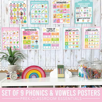Hadley Designs Phonics Posters for Classroom Must Haves - 9 Sound Wall for Kindergarten & Elementary Teacher Supplies, Syllable, Vowels, Digraphs & Blends Bulletin Board Set, Pastel Classrom Decor