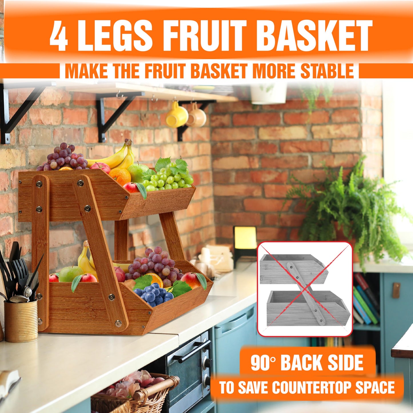 [Upgraded Length] 16.5-Inch Fruit Stand Storage Holder with 4 Sturdier Legs, 2-Tier Fruit Basket , Bamboo Fruit Bowl Holder for Fruit,Vegetables, Snacks, Home Kitchen Countertop Organizer (Walnut)